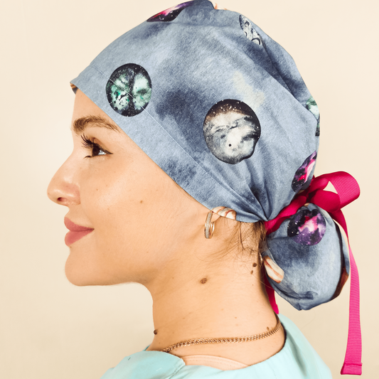 Planets Theme Ponytail Scrub Cap - Venus Moon Mars Jupiter Mercury Print