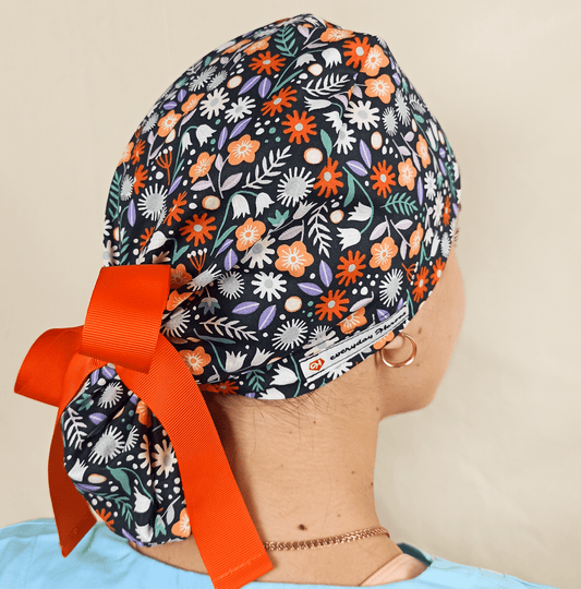 Custom Floral scrub capsatin lined ponytail orange and purple flowers 