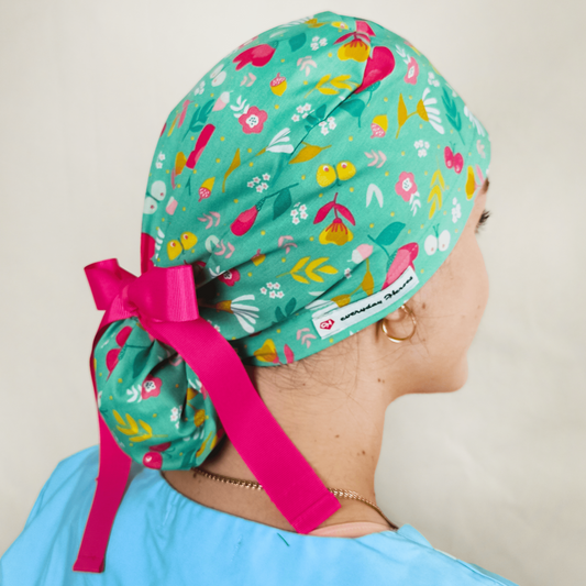 Floral  Butterfly Ponytail Scrub Cap - Satin Lined -Embroidery Personalization option 