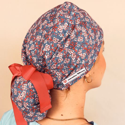 almond floral scrub cap ponytail