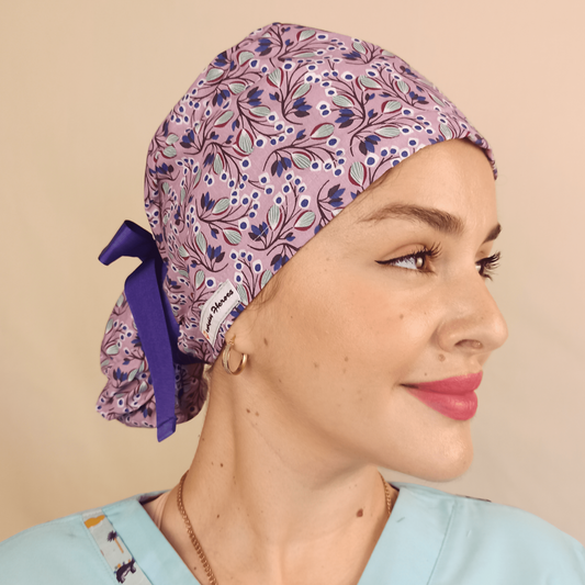 Levanter Purple Floral Scrub Cap - Surgical Cap Ponytail Scrub Hat- Satin and Embroidery Option 