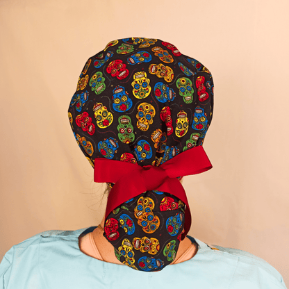 The Colorful Skulls Scrub Cap with Adjustable Ribbons - Perfect for Nurses and Spooky Style