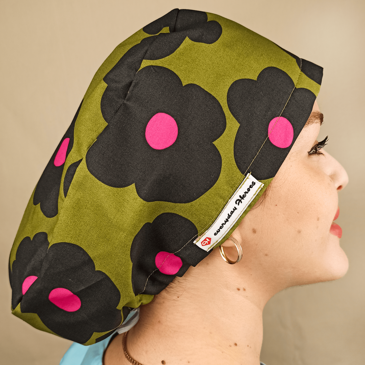 Scrub Cap Floral Daisies Surgical Cap Women Euro Hat For Nurses green color black and pink