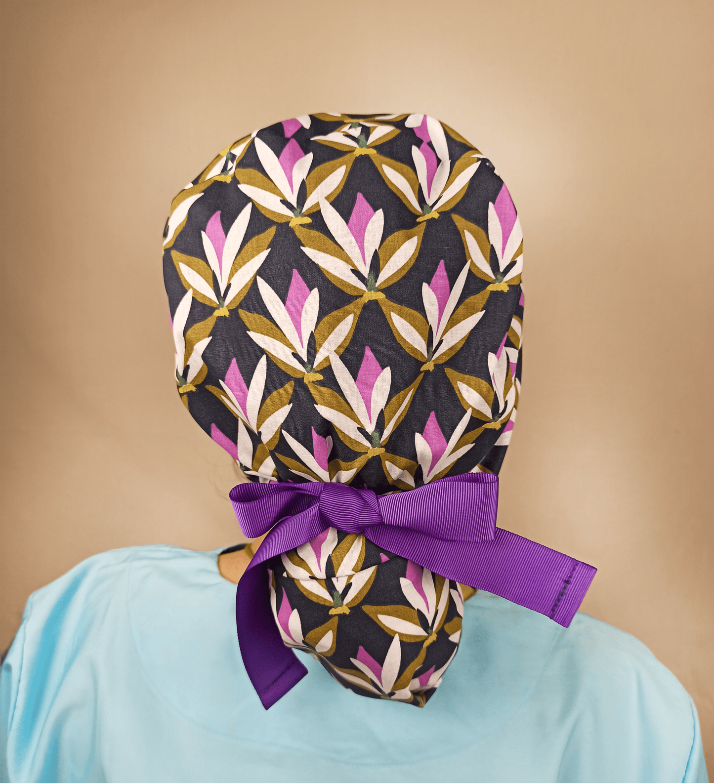 Waterlilly flowers scrub cap purple blue , the back side with ribbons