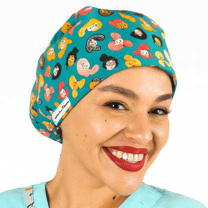 Medical Aesthetics Scrub Cap with woman faces on the cotton print 