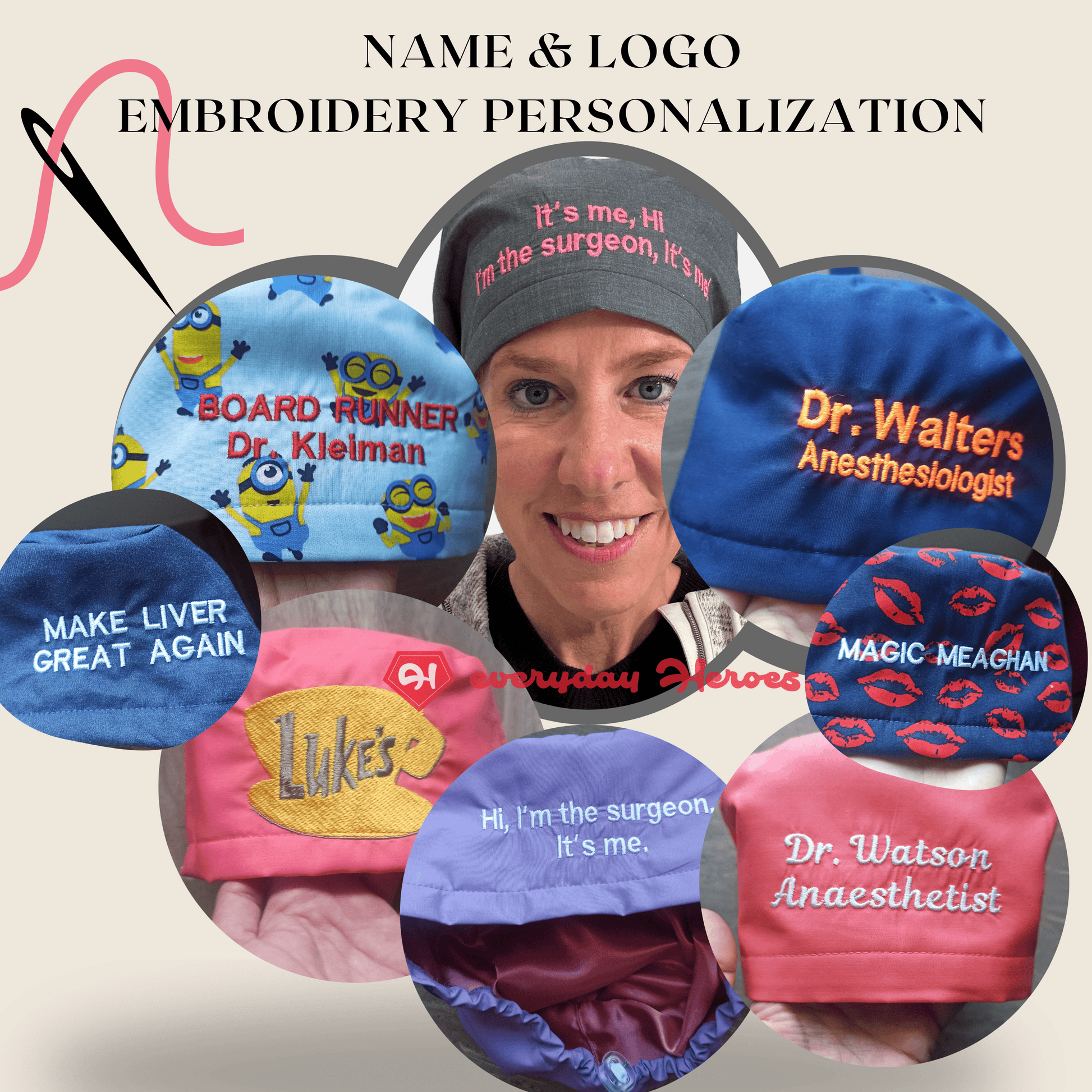 Skeletons Scrub Cap Ponytail with Satin and Name embroidery personalization with red ribbons to tie