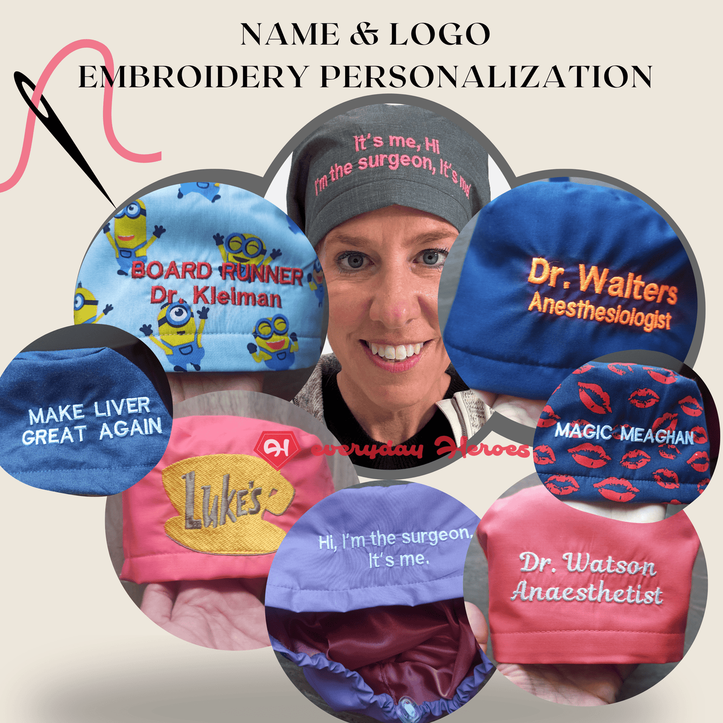 Floral Scrub Cap Ponytail with Satin and Name embroidery personalization with red ribbons to tie