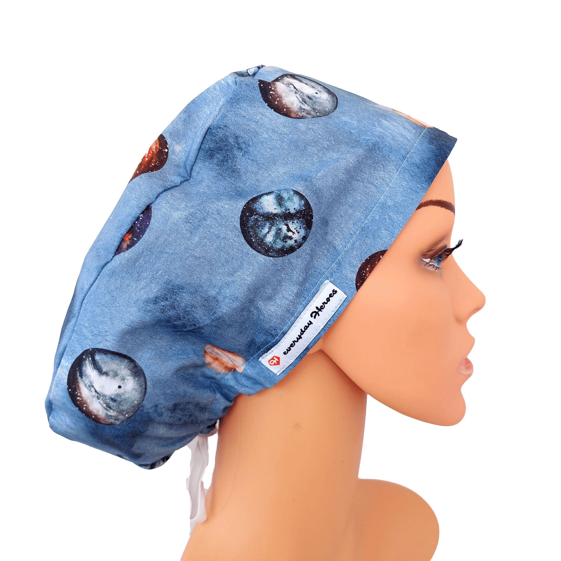 Our euro scrub cap is designed to fit snugly around your head, with a slight slouch in the back for those with medium to long hair. Made of 100% cotton fabric with small colorful planets print-Venus ,Moon, Mars, Jupiter, Mercury.-