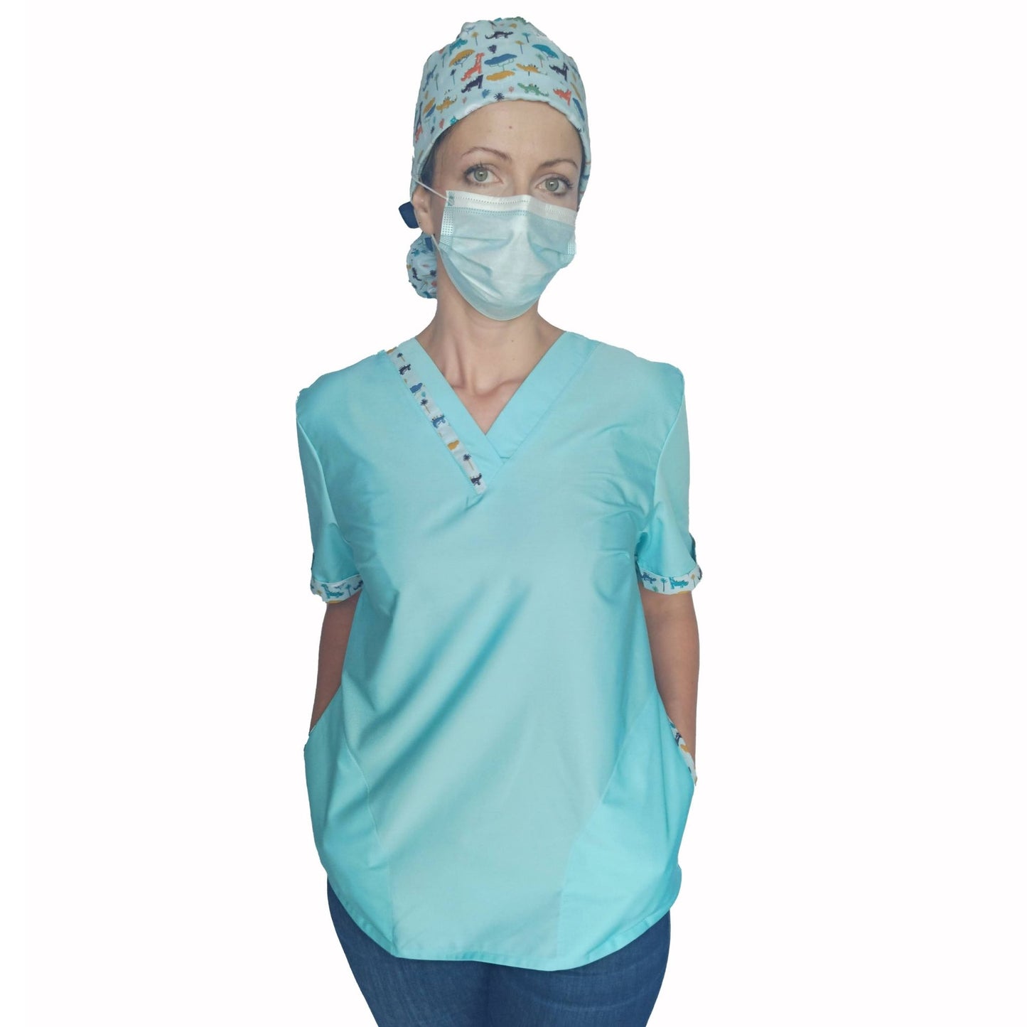 Scrub Top for Nurses with Dinos print details - [scrub_hat]-[scrub_cap_for_women]-[surgical_cap]