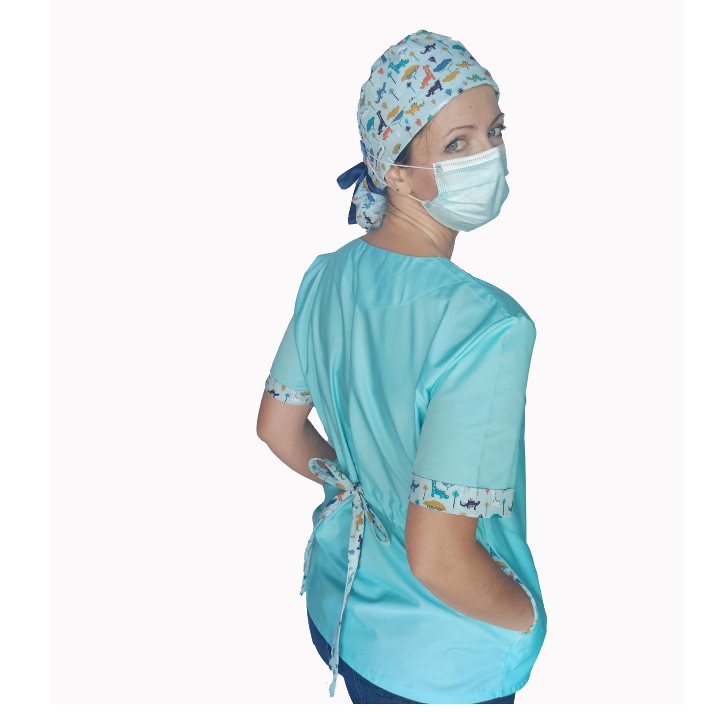 Scrub Top for Nurses with Dinos print details - [scrub_hat]-[scrub_cap_for_women]-[surgical_cap]