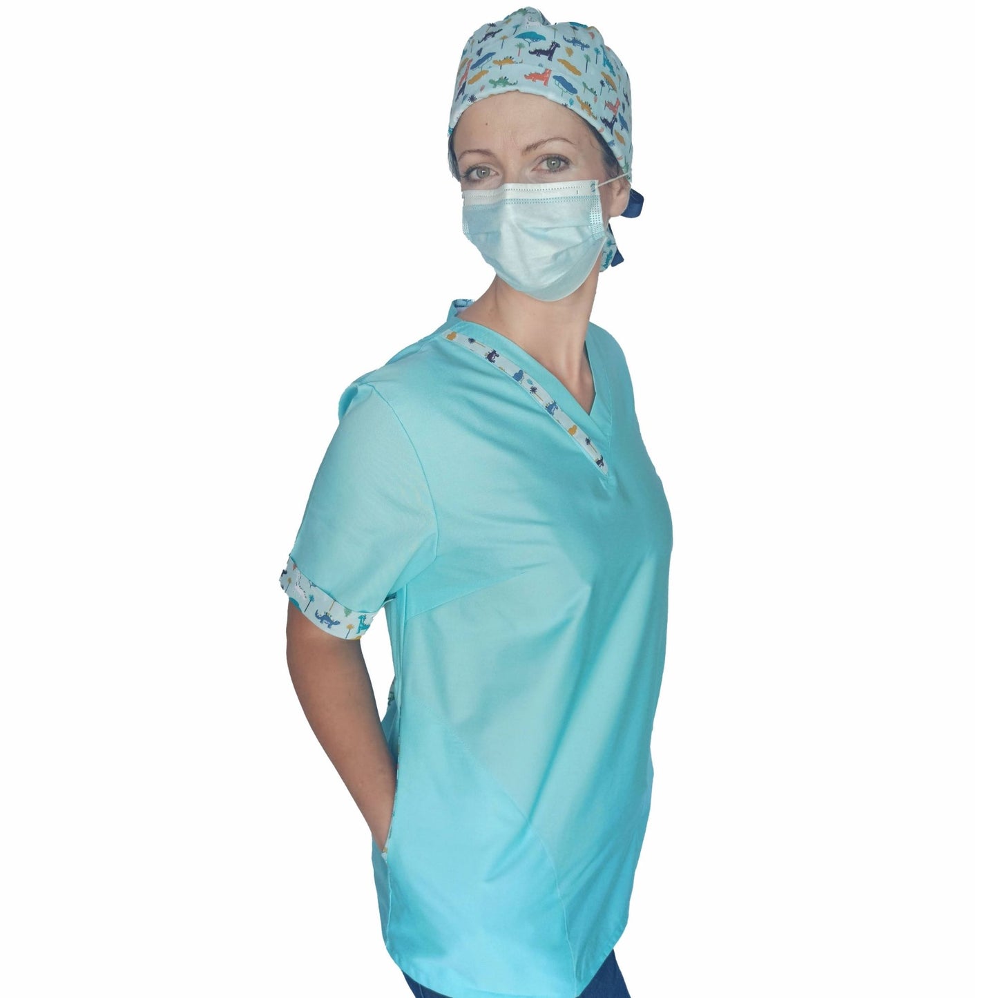 Scrub Top for Nurses with Dinos print details - [scrub_hat]-[scrub_cap_for_women]-[surgical_cap]