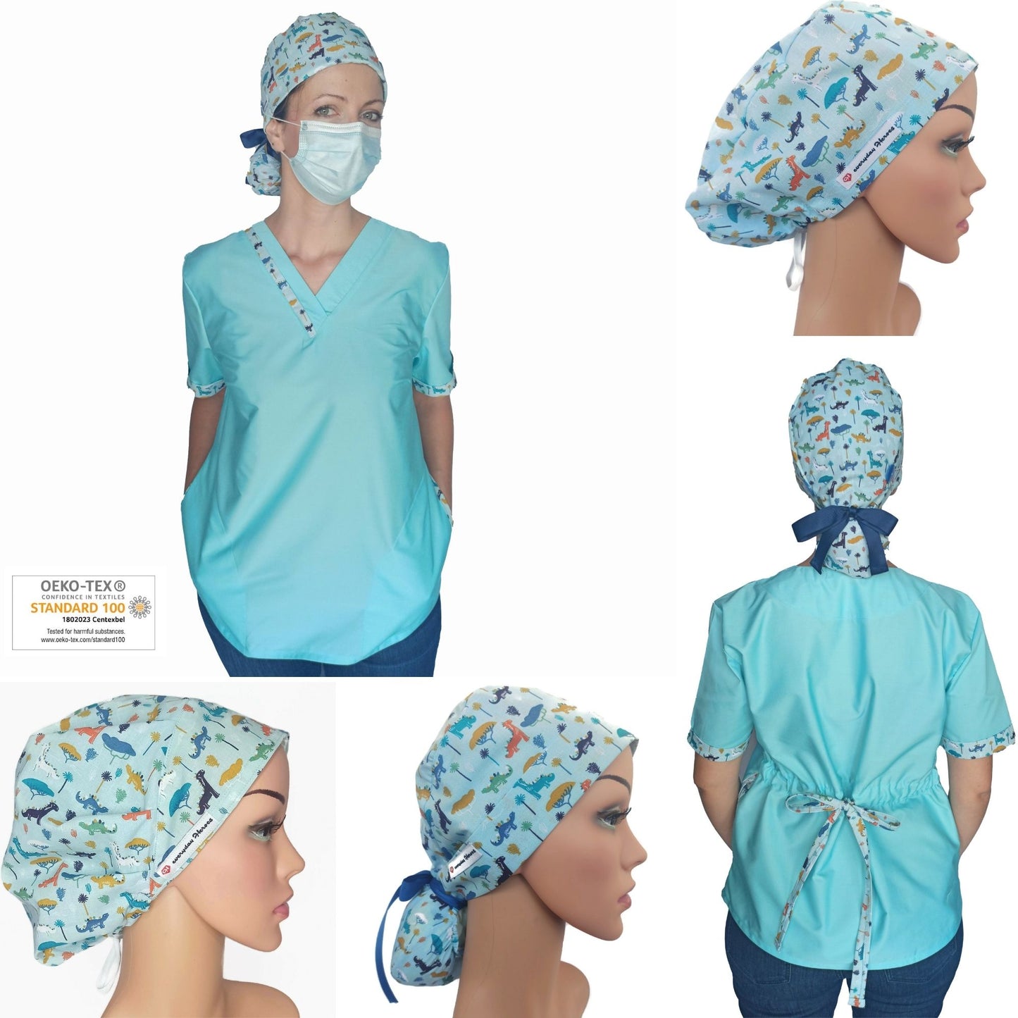 Scrub Top for Nurses with Dinos print details - [scrub_hat]-[scrub_cap_for_women]-[surgical_cap]