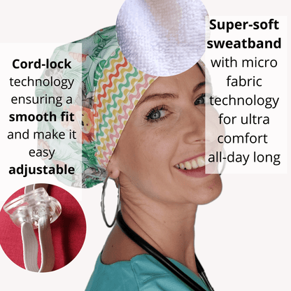 Surgical Scrub Cap Bouffant with Sugar Skulls and Peacock Sweatband - [scrub_hat]-[scrub_cap_for_women]-[surgical_cap]